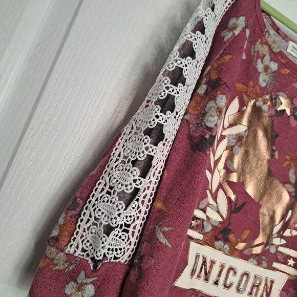 Pink Floral Metallic Unicorn shirt with Lace Crochet sleeves - Picture 3 of 4